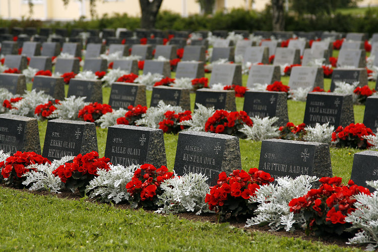 Sankarihautamuistomerkkejä, punaisia kukkia hautakivien edessä